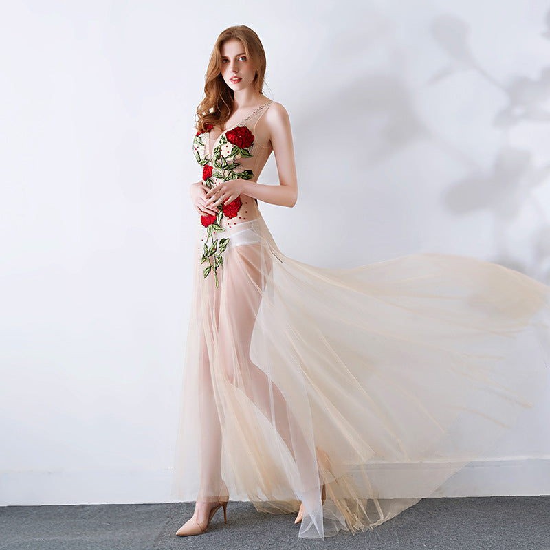 2025 G2006/sexy see-through dress lace mesh transparent slim low cut club ktv car show dress
