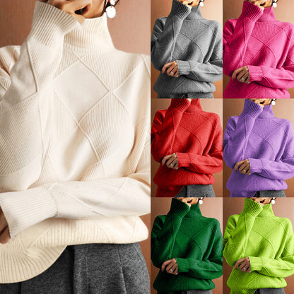 Autumn and winter cross-border new products casual versatile knitted sweater, loose turtleneck warm sweater solid color knitted pullover