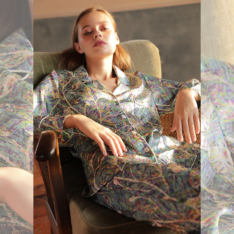 Silk pajamas women's spring and summer popular new long-sleeved luxury printed mulberry silk set two-piece loungewear