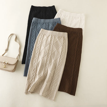 ZllKl Autumn and winter thickened wool knitted skirt women's New new twist medium and long straight hip wrap one-step skirt
