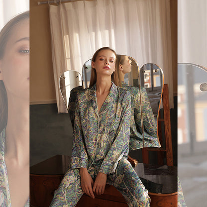 Silk pajamas women's spring and summer popular new long-sleeved luxury printed mulberry silk set two-piece loungewear