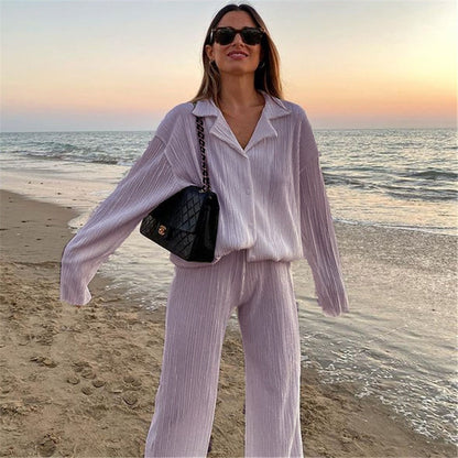 zllkl  2022 Spring New European and American Fashion Pleated Design Shirt Outfit Straight-Leg Trousers Loose Drooping Two-Piece Set for Women