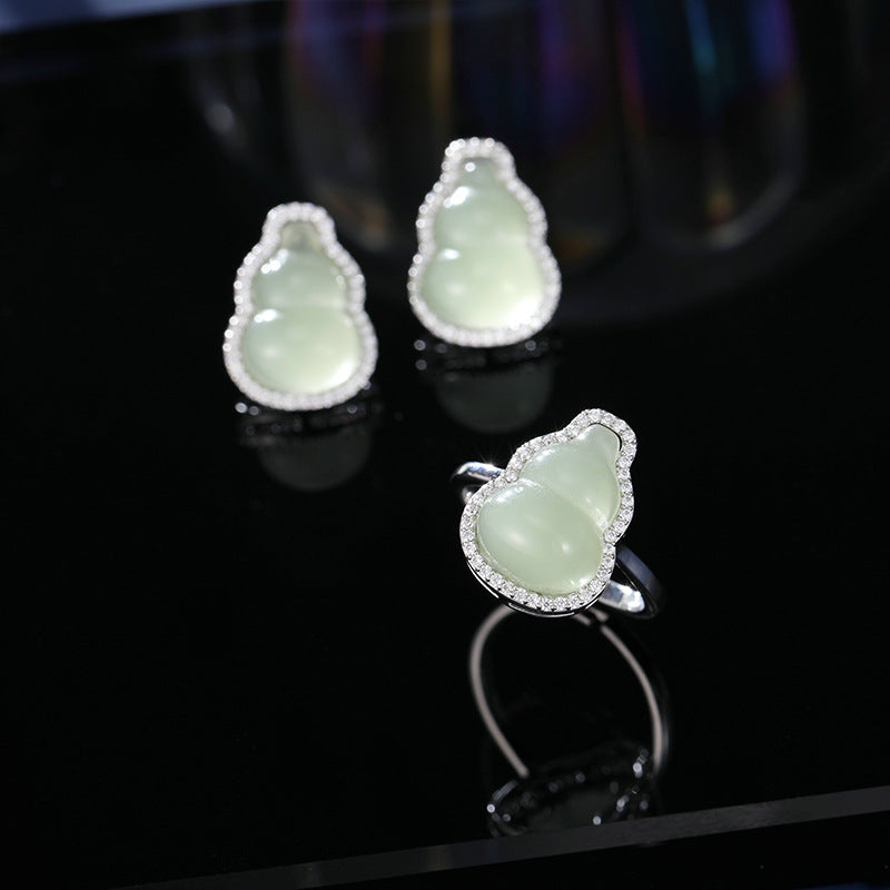 2025 Guofeng new Chinese imitation jade gourd Fulu stud earrings niche high-end micro-inlaid earrings open ring bracelet set