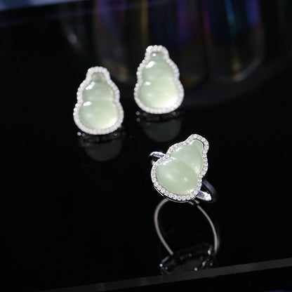2025 Guofeng new Chinese imitation jade gourd Fulu stud earrings niche high-end micro-inlaid earrings open ring bracelet set
