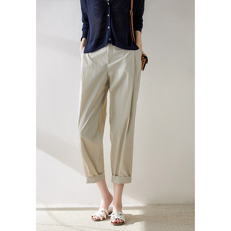2025 Japanese thin crescent pants high-end nine-point pants casual pants women's thin elastic waist white gray women's clothing spring and summer
