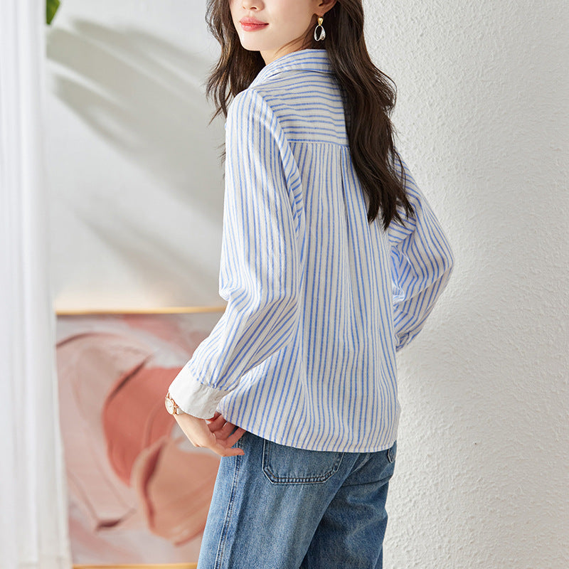direct sales blue striped shirt women's long-sleeved spring and autumn clothes new casual top cartoon embroidered cotton shirt