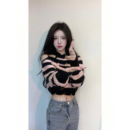 Small Spice Girl Chain Off-Shoulder Pink Pullover Hollow Striped Short Long Sleeve Knitted Sweater Top Women's Autumn and Winter