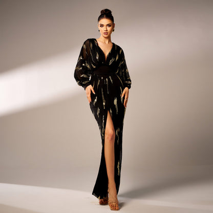 r 2025 high-end long-sleeved temperament V-neck sexy long sequined banquet evening dress bridesmaid dress women