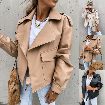 Cross-border New  Europe and the United States wish foreign trade women's clothing new autumn and winter PU leather top jacket loose