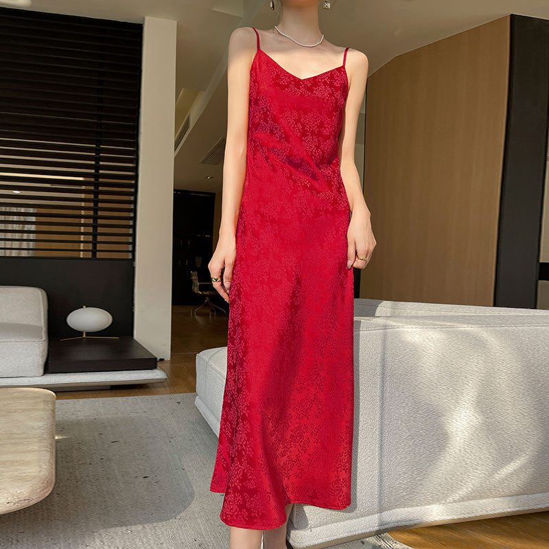 Summer New Acetate Sling Dress Women's Outer Wear V-neck Silk Printed Temperament Slim Looking Base Sexy Dress