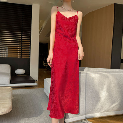 Summer New Acetate Sling Dress Women's Outer Wear V-neck Silk Printed Temperament Slim Looking Base Sexy Dress