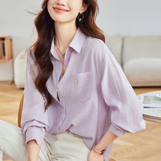 Cotton cocoon, purple shirt women's long sleeves 2025 spring clothes, back-breasted design top, medium and long Popular style shirt