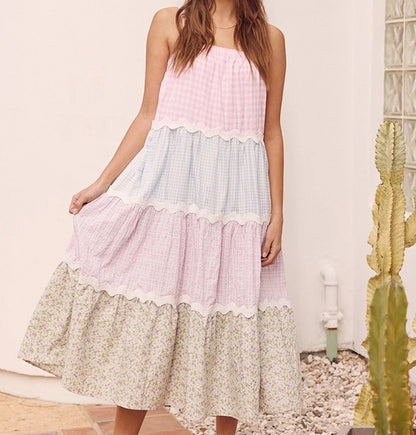 Zllk  Summer New Cross-Border  European and American Women's Clothing Wave Pattern Suspender Dress Multicolor Printing Cake Dress