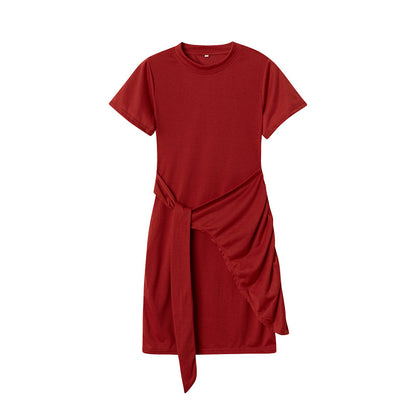ZllKl  European and American  Popular Short Sleeve round Neck Pleated Bow Belt Irregular Dress