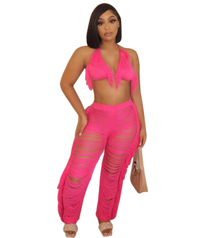 2025 supply New  women's clothing Solid color bikini fringed knitted beach pants suit Sexy and fresh