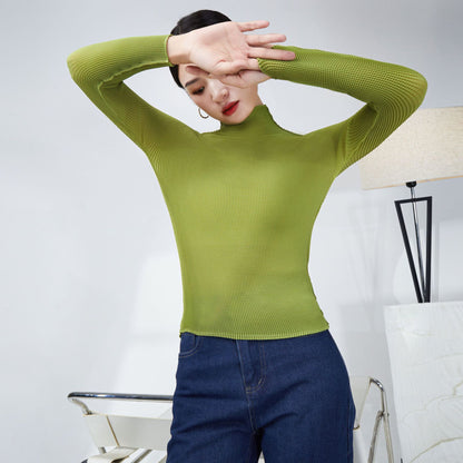 2025 Miyake basic spring and autumn bottoming shirt women's temperament turtleneck solid color slim fit simple versatile pleated long-sleeved top
