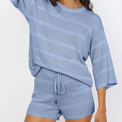 zllkl  European and American Style Women Summer 2-Piece Set Blouse Openwork Knitted Top Shorts Vacation Beach Casual Suit