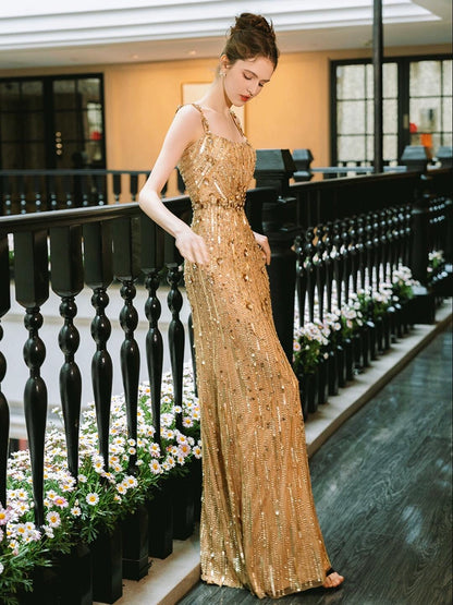 Gold suspender evening dress temperament sequins bride high-end light luxury heavy industry toasting clothes thousand gold wind engagement fishtail skirt