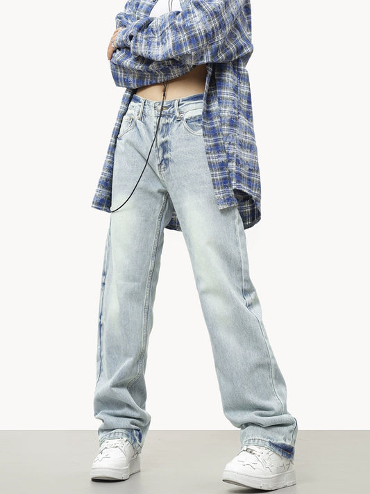 0123Start retro washed straight high street jeans light color versatile ins casual loose pants men and women
