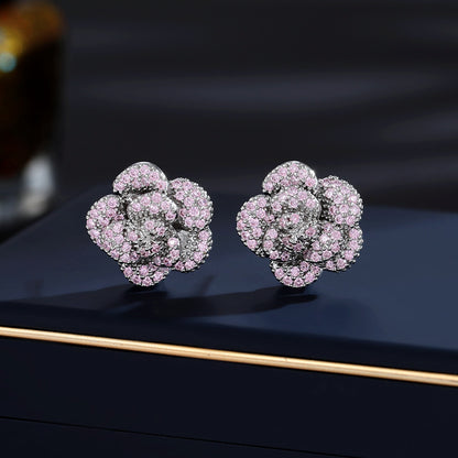 2025 Niche design high-end micro-inlaid zirconium flower earrings fashionable commuting elegant flower three-dimensional camellia stud earrings