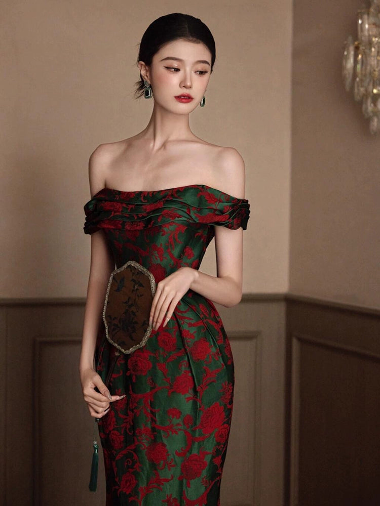 Morning robe female bride one-word shoulder retro new Chinese style engagement dress temperament banquet advanced wedding toast