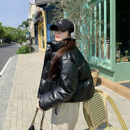 Real shot European and American retro pu leather cotton clothes women's  winter new short fashion loose small bread clothes jacket