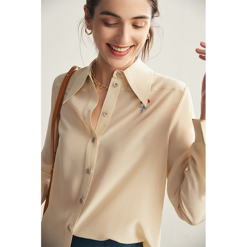 Silk shirt women's mulberry silk  spring and summer new long-sleeved age-reducing embroidered lapel fashion niche top