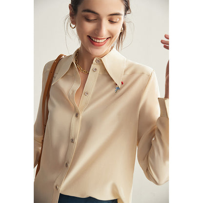 Silk shirt women's mulberry silk  spring and summer new long-sleeved age-reducing embroidered lapel fashion niche top