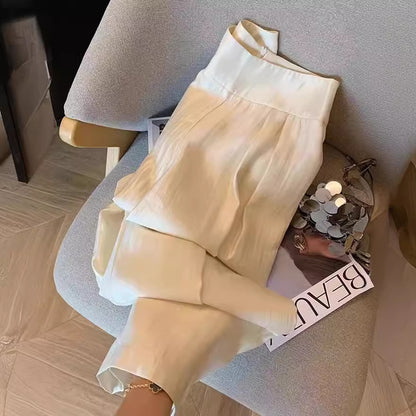 2025 New Chinese style imitation acetic acid satin casual pants spring and summer women's popular loose high waist drape straight wide-leg pants