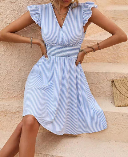 Zllk  New Popular European and American Foreign Trade Women's Clothing Women's Summer Dress Striped Printing Flying Sleeves Dress