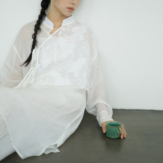 Zen diagonal jacquard medium and long stand-up collar shirt, Zen literary tea clothes and thin dress L24215