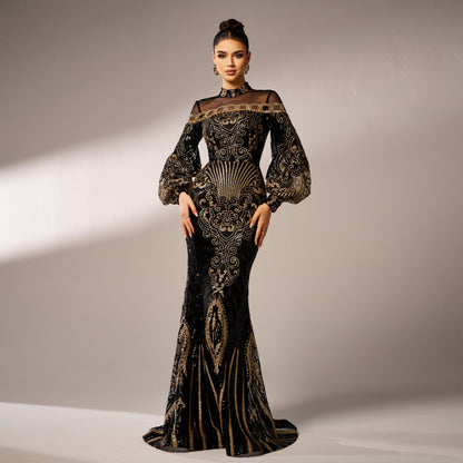 r 2025 new long-sleeved round neck long sequined banquet mesh fishtail evening dress bridesmaid dress women