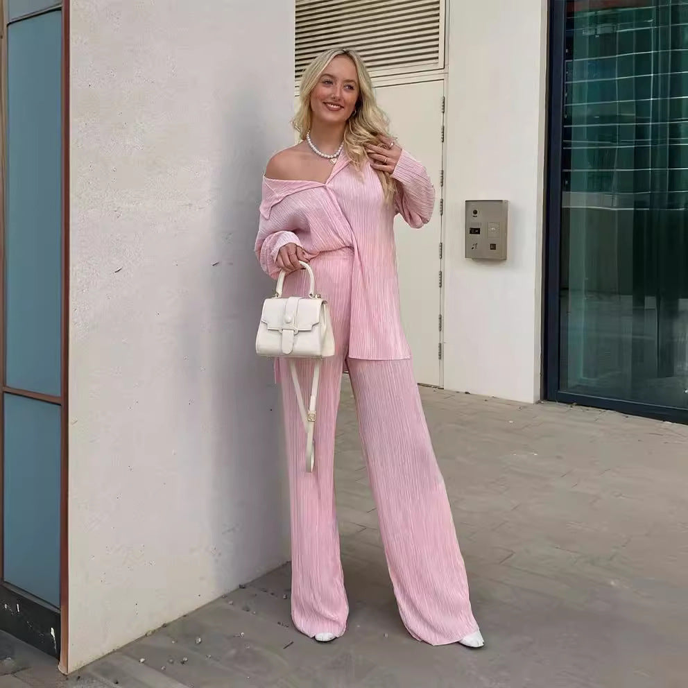 zllkl  2022 Spring New European and American Fashion Pleated Design Shirt Outfit Straight-Leg Trousers Loose Drooping Two-Piece Set for Women
