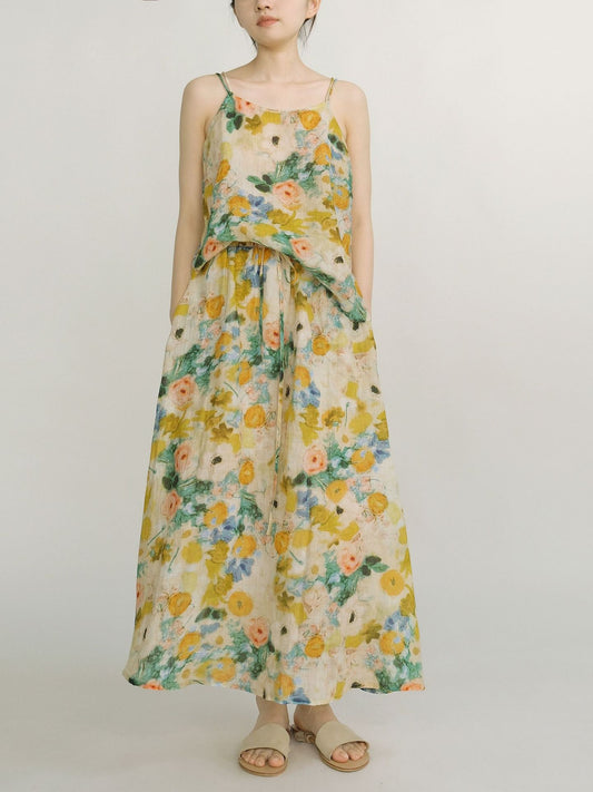 retro literary and artistic oil painting double-layer skirt, pastoral art fine ramie A word elastic waist dress B23172