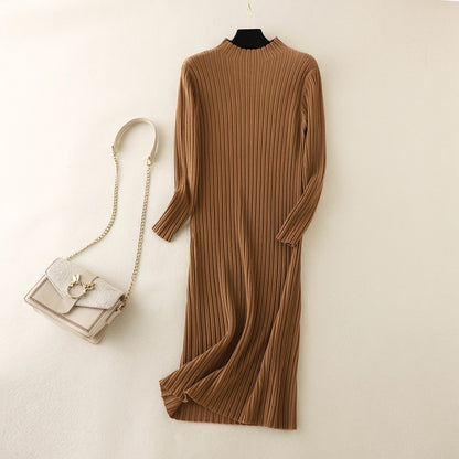ZllKl Winter knitted primer sweater skirt over knee long skirt with coat New new semi-turtleneck thickened dress