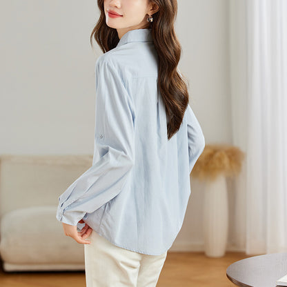 direct sales blue long-sleeved shirt women's autumn new temperament simple and versatile fashion loose medium and long shirt