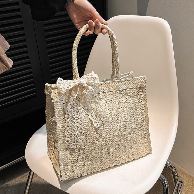 ZLLKL 2025New woven vegetable basket handbag bag Mori sweet lace bow straw woven women's bag large capacity messenger bag