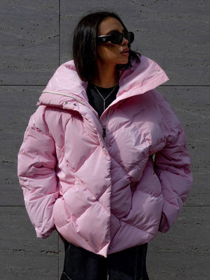 Cross-border rhombus cotton clothes European and American women's clothing autumn and winter new loose coat matte glossy lapel cotton-padded casual jacket