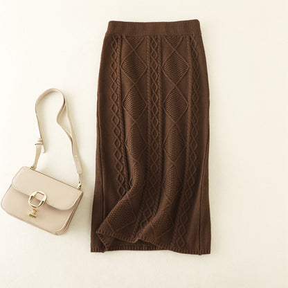 ZllKl Autumn and winter thickened wool knitted skirt women's New new twist medium and long straight hip wrap one-step skirt