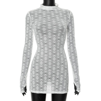 2025 F24DS147  New women's clothing autumn new simple casual solid color round neck long-sleeved lace short dress