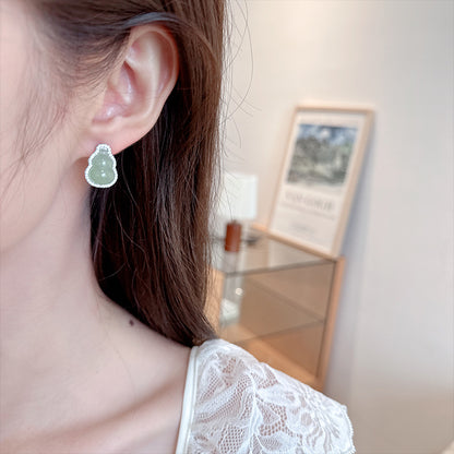 2025 Guofeng new Chinese imitation jade gourd Fulu stud earrings niche high-end micro-inlaid earrings open ring bracelet set