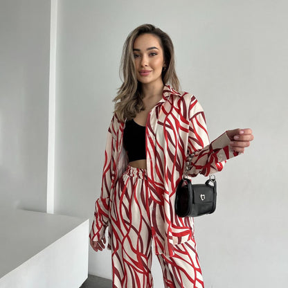 zllkl  European and American Women's Clothing Summer Wear a Set of Striped Shirt Outfit Women's Fashion Casual High Waist Trousers Two-Piece Set