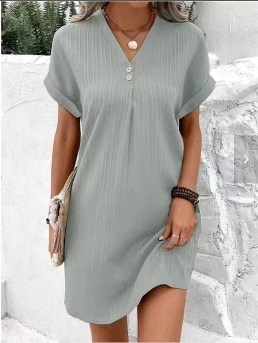 ZllKl  Cross-Border European and American Women's Clothing  New  V-neck Solid Color Pullover Comfort and Casual Button Dress