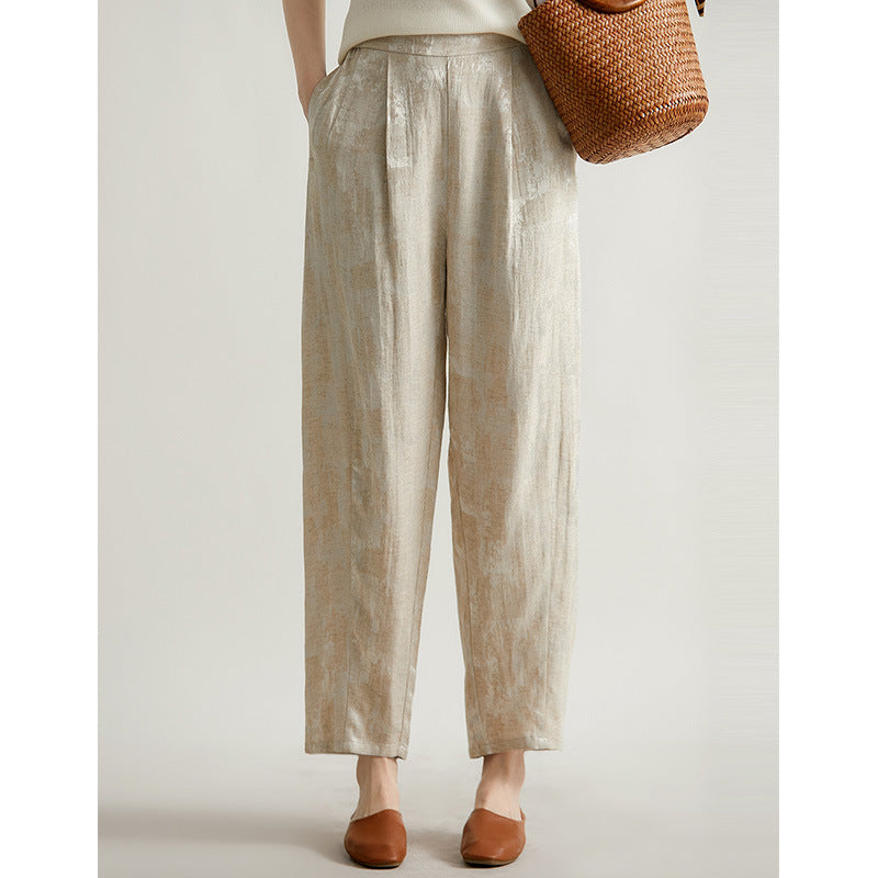 2025 Linen jacquard national style pants, new Chinese silk nine-point pants, high-end casual pants women's radish pants summer