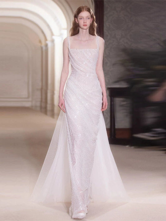 Suspender light wedding dress niche sequins high sense super fairy fishtail skirt temperament thin banquet celebrity style evening dress women