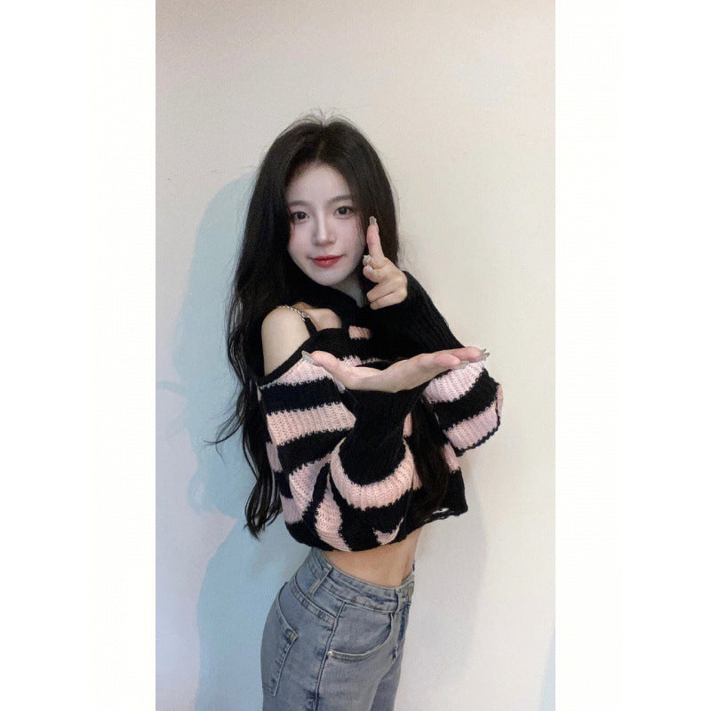 Small Spice Girl Chain Off-Shoulder Pink Pullover Hollow Striped Short Long Sleeve Knitted Sweater Top Women's Autumn and Winter