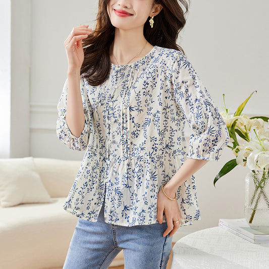 Blue and white porcelain small floral shirt women's seven-quarter sleeves 2025 summer new round neck loose top Korean version casual shirt