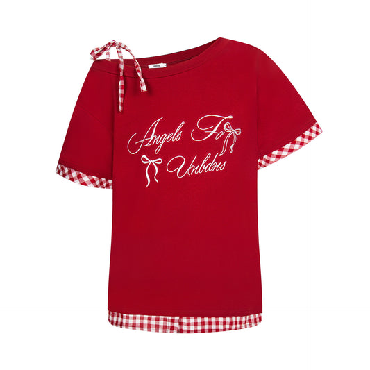 G25-087 Trend 2025 Summer Women's Street Trend Premium Plaid Splicing Design Spice Girl Skinny Short Sleeve T-Shirt