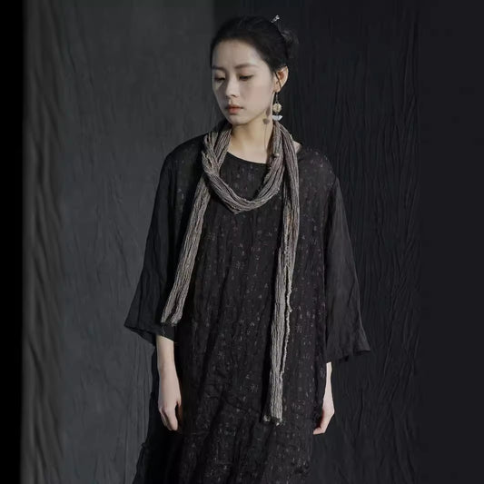 design intellectual spring and summer Chinese character printed robe, Chinese style personalized loose dress L24077