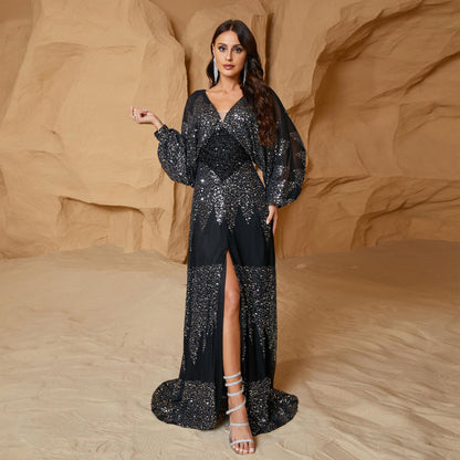 Popular New 2025  long skirts, long-sleeved sequined evening dresses, chiffon V-neck split waist dresses, women's clothing